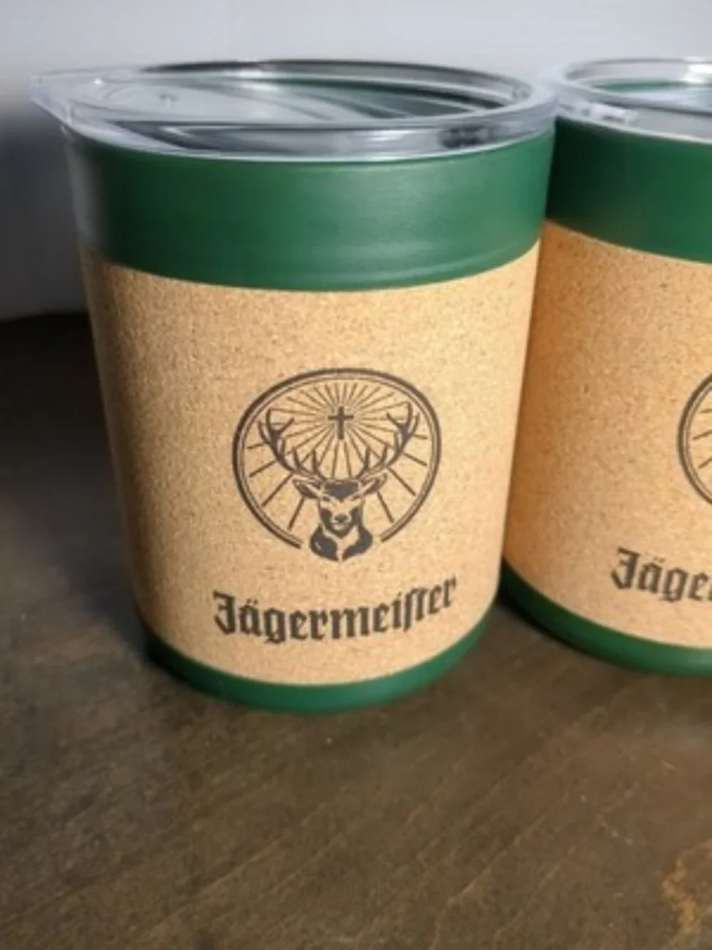 2 JAEGERMEISTER /Jägermeister CORK INSULATED CUPS W/ CLEAR LIDS--10 OZ.